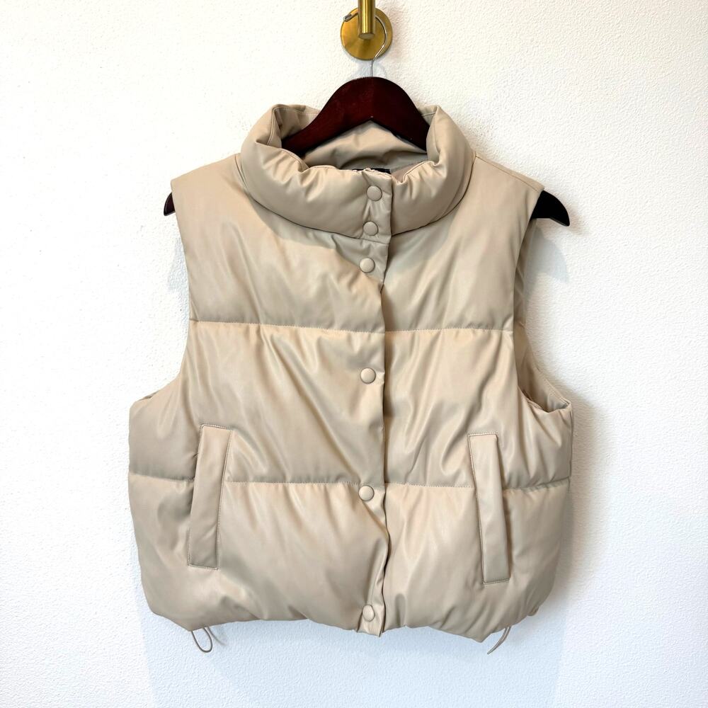 Fab'rik Faux Leather Puffer Vest Taupe Cropped Snap Button Medium